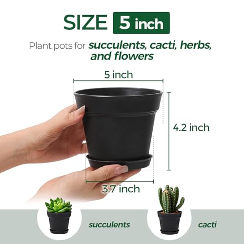 T4U Small Plant Pots 5 Inch 8 Pack, Plastic Indoor Flower Pots Saucer Black - color: Black, size: 5 inch