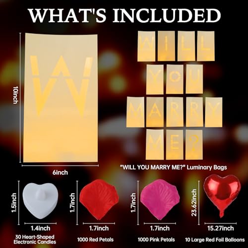 Will You Marry Me Decorations – Romantic Setup Kit with Light Up Letters, 30 Tea Light Candles, 2000 Rose Petals, 10 Balloons – Luminary Bags for Proposal Decoration(W) - style: Will You Marry Me