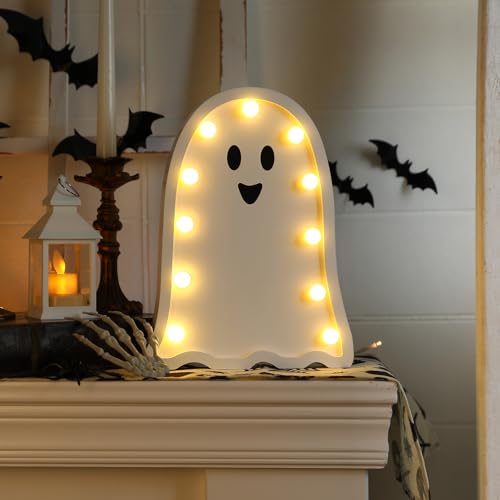 Halloween Decorations-Light Up Wooden Ghost-Handmade Ghost with Light | Halloween Decor Home Kitchen Mantel Tabletop Windowsill - color: White