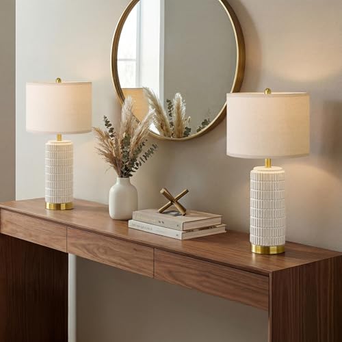 PoKat 25'' Modern Table Lamps Set of 2 for Living Room with Gold Base, White Farmhouse Bedside Lamps for Bedroom, Nightstand Lamps for Office End Table Hallway Home Decor Gift, Beige and White - color: Beige