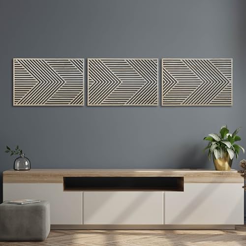Modern Geometric Wood Wall Art in Horizontal Design, Rustic Mid Century Modern Style for Living Room, Abstract Boho Wooden Wall Art