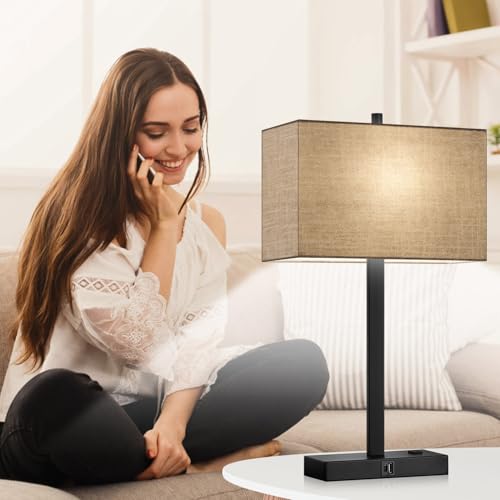21" Set of 2 Table lamp with USB A+C & AC Outlets, Touch Control 3-Way Dimmable Nightstand Lamps for Bedroom Living Room Office Reading, Champagne Gold Shade Touch Lamps, 5000K LED Bulbs Included - color: Champagne Gold & Matte Black
