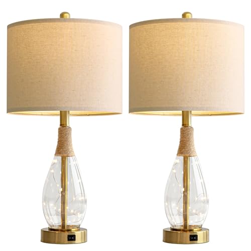 OYEARS 23" Table Lamps for Living Room Set of 2 Bedside Lamps for Night Stands Bedroom Lamps Farmhouse Rattan Boho Lamp Glass Nightlight End Table Lamp with USB C+A (Gold),Two Light Points - color: Light Gold