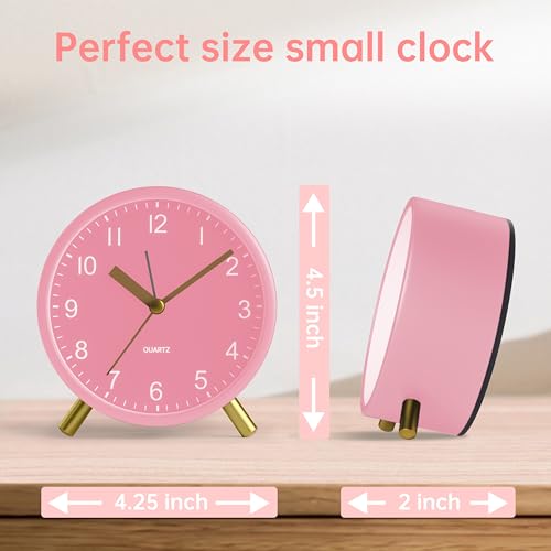JALL Analog Alarm Clock, 4 inch Super Silent Non Ticking Small Clock with Night Light, Battery Operated, Simple Design, Easy Setting for Office, Bedroom, Bedside, Desk, Teens, Elders, Adult, Pink - color: Pink