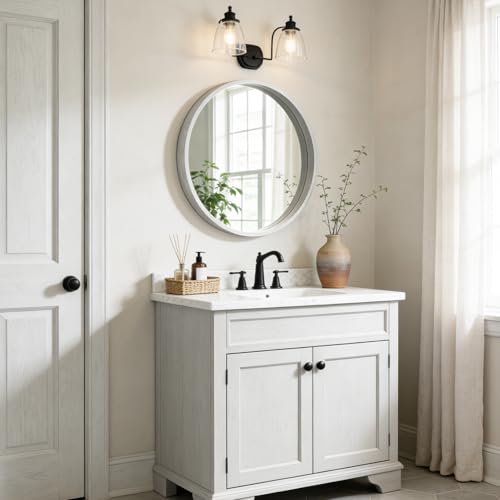 WallBeyond 28 Inch Round Wood Mirror, Large Circle Wooden Frame Wall Mirror for Bathroom, Living Room, Bedroom, Entryway (White) - color: White, size: 28"L x 28"W
