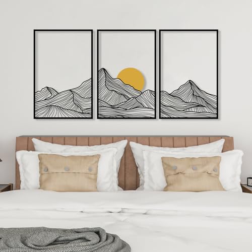DecoSoul Mountain and Sun Metal Wall Art, Set of 3 Nature Minimalist Home Decor, Mountain Range Panels Modern Wall Art, Sunset Sunrise Framed for Living Room, Housewarming Gift - style: Mountain and Sun