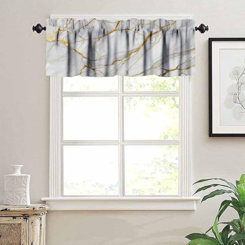 Gold White Marble Valance, Abstract Modern Luxury Vintage Marbling Ink Art Painting Rod Pocket Short Window Valance Curtain for Kitchen Bedroom Cafe Living Room, 54x18inch - color: Marble-12