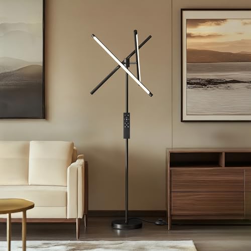 NUÜR Modern Black Floor Lamp, Dimmable LED Standing Lamp with Remote - style: 3-Bar Linear Black Floor Lammp