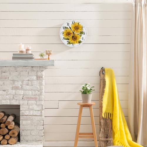 Ansouyi Round Wall Clock Battery Operated Clocks Wallclock 10 Inch,Yellow Sunflowers on White Silent Non Ticking Wall Clock for Living Room,Kitchen,Home,Bathroom,Bedroom,Office or School - color: Sunflowers
