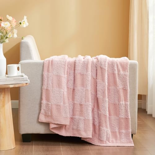 Snuggle Sac Faux Fur Pink Checkered Blanket Twin Size with Soft Knitted Microfiber Fabric,Cozy Soft Warm Blanket for Sofa Bedroom Living Room,Solid Pink,60x80 inches - color: Solid Pink, size: Twin(60"x80")