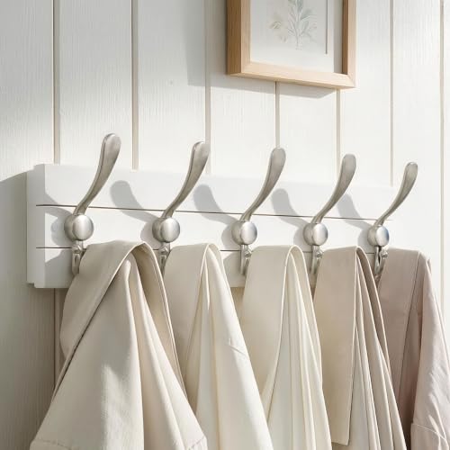 SKOLOO Matte White Solid Wood Wall Mounted Coat Rack, 5 Hooks, 17" Long - Kitchen, Mudroom, Entryway, Bathroom - Includes Mounting Hardware, Wall Coat Hanger, Towel Rack - color: White Plates & Nickel Hook, size: 1 Item-5 Hooks