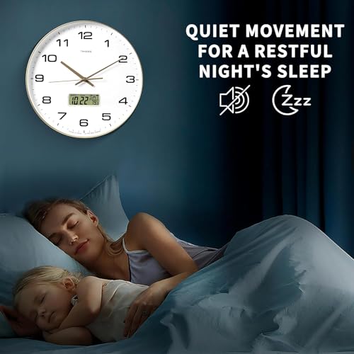 TIMESS 13-Inch Non-Ticking Analog Wall Clock with LCD Display, Gold - color: Gold, size: 13 Inch