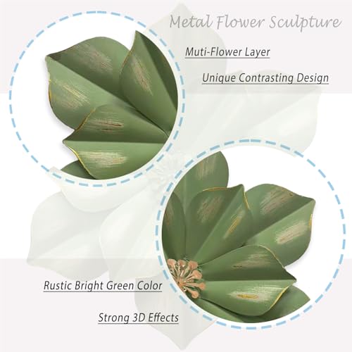 Metal Flower Wall Sculpture, 12.5" Green Gold Rustic Modern Floral Artwork - color: 01A-Green
