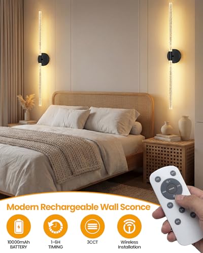 NIORSUN Crystal-Inspired Bubble Battery Operated Wall Sconce Set of 2, 10000mAh 3 Color Temps Rechargeable Wall Lights with Remote, Dimmable Wireless Wall Lamp for Living Room Bedroom - color: Black, size: 34 Inch