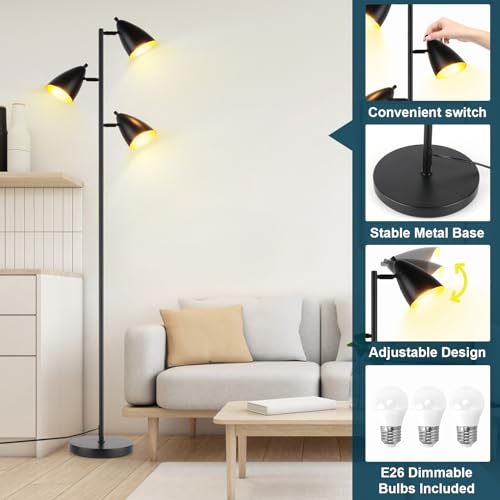 LALISU Tree Floor Lamp for Living Room, Industrial 3-Light Standing Lamp - color: Metal Black