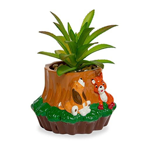 Silver Buffalo Disney The Fox and the Hound 4-Inch Ceramic Mini Planter with Artificial Succulent | Cute Small Flower Pot, Faux Indoor Plants - color: Fox and the Hound