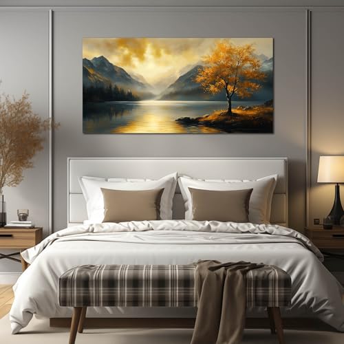 Ouzzlie Tree Wall Art for Gold Canvas Art Living Room - color: Yellow, size: 59"L x 29"W