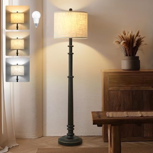 EJIAXIN Floor Lamps for Living Room - 60" Farmhouse Floor Lamp with Adjustable Color Temperatures - Vintage Standing Lamp Reading Light with Linen Shade Retro Tall Lamp for Bedroom Office, Black - color: Black