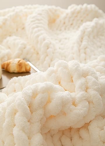 Chunky Knit Blanket Soft Chenille Yarn Knitted Throw Blanket 50"X60" Handmade Cable Warm Thick Giant Blanket for Couch Bed Trips (White, Throw 50"X60")?-¡ - color: Cream White, size: Throw 50"X60"