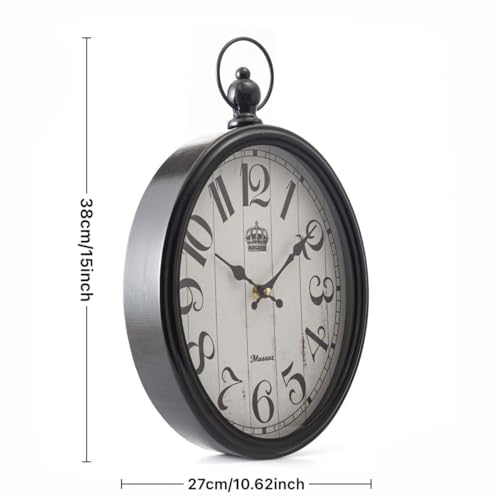 Oval Large Wall Clock Silent Non-Ticking Metal Battery Operated Retro Antique Design Rustic Vintage Style Decor for Living Room Kitchen Farmhouse 16 inch (Black, 16inches) - color: Black