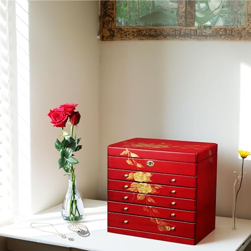Hand Painted Rose Wood Jewelry Box 6-Layer Lockable Organizer Red