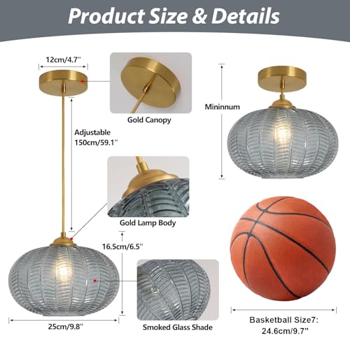 KCO Lighting Large Glass Pendant Lights Kitchen Island Brass Gold Pendant Light Gold Globe Hanging Light Smoked Striped Glass Pendant Light Mid Century Modern Dining Room Light Fixture - color: 25cm-Smoke Gray