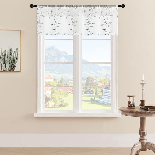 MRTREES Sheer Voile Curtain Valances 2 Panels, Leaves Embroidered Valance Curtains Rod Pocket, Small Sheer Window Curtains Treatment for Bedroom/Living Room/Kitchen/Basement(Grey Leaves, 54x16 Inches) - color: Leaves-grey