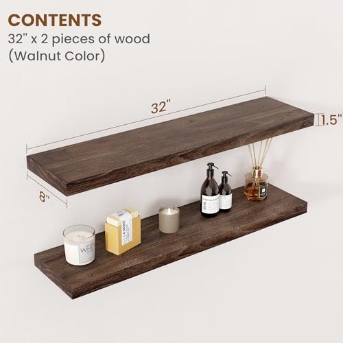Floating Shelves for Wall, 8" Deep Elm Wood Shelves, 32in Set of 2, Walnut - color: Walnut, size: Flat Edge, 32inch, 2Packs