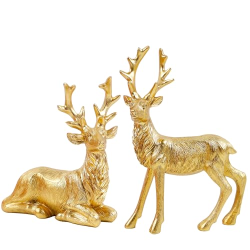 Lulu Home 2 Packs Gold Reindeer Figurines, Sitting & Standing - style: 2 Peers with Texture