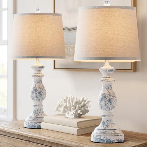 PARTPHONER Traditional Table Lamp Set of 2, Rustic Farmhouse Table Lamps for Living Room Bedroom, 27" Bedside Desk Lamps Vintage Nightstand Lamps with Linen Shades, Washed Blue - color: Washed Blue, size: 27 Inch