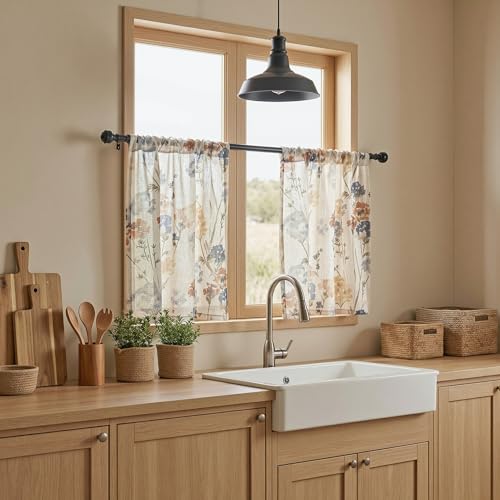 MYSKY HOME Floral Linen Kitchen Tier Curtains 24 Inch Length 2 Panels Farmhouse Semi Sheer Privacy Small Window Treatments Rod Pocket for Bathroom Basement, Yellow, 30 inch Wide - color: A-yellow, size: 30"W x 24"L (Pack of 2)
