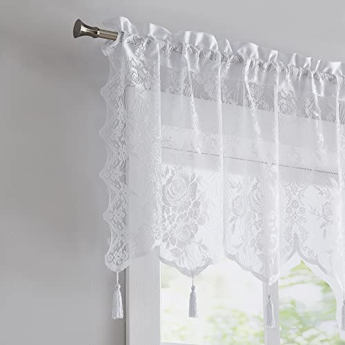 LinenZone 54x22 White Sheer Lace Valance with 6 Tassels. (Luna 54x22,White) - color: White, size: 54"W x 22"L (Pack of 1)
