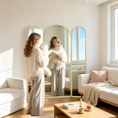 BAODANFU 65 Inch Large Trifold Full Length Mirror, Gold 3 Way Floor Mirror - color: Gold, size: 23.6"L x 65"W