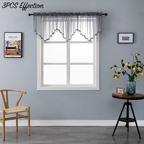 Beaded Sheer Valance Curtains for Living Room,Rod Pocket Farmhouse Window Valance, Bead Trim Tassel Voile Sheer Curtain Valance for Bedroom Bathroom Cafe 51x24 Inches (Grey) 1PC - color: Grey