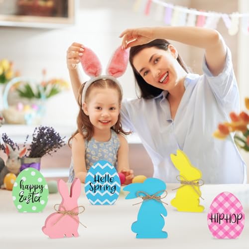 6Pcs Easter Bunny Decorations for Home Wooden Easter Table Signs Rabbit Egg Shaped Tabletop Centerpieces with Rope for Tiered Tray Decor Home Indoor Office Party Farmhouse Decor