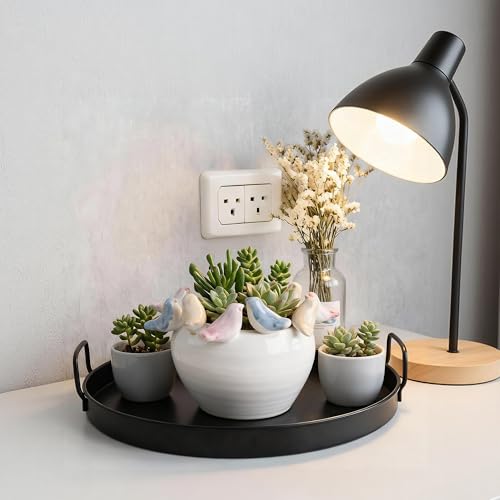 Stoneware Planter with Colorful Birds on Rim, Reactive Glaze Decorative