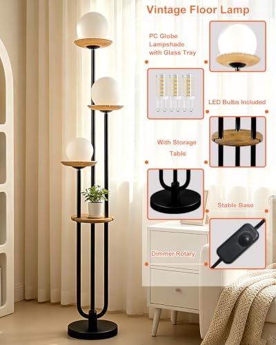 Lightdot 3-Globe Floor Lamp Dimmable with Green Glass Tray Black Floor Lamp - color: Amber-3U Black