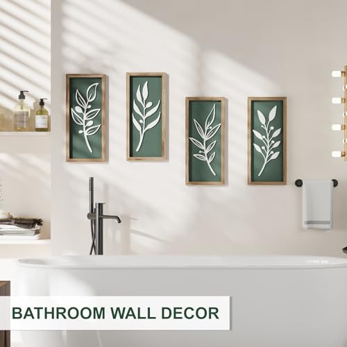 3D Tree Leaf Boho Wall Art, Sage Green, Wooden Framed, Set of 4 - color: 4 Pcs Sage Green, size: 7"X16"