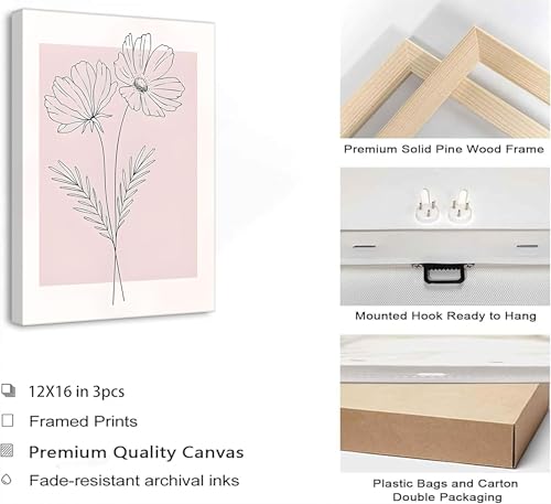 LAJDXSX 3 Pieces Minimalism Botanical Canvas Wall Art - color: Pink Flowers, size: 12x16in-Canvas