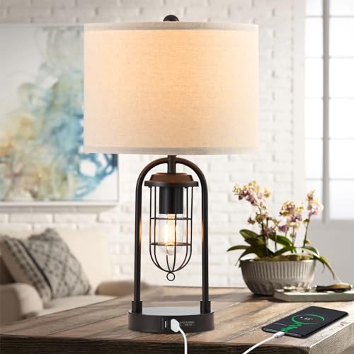 Kyrid Set of 2 Table Lamps with USB Ports and Night Light Farmhouse Nightstand Lamp for Living Room Bedroom(Bulbs Included)