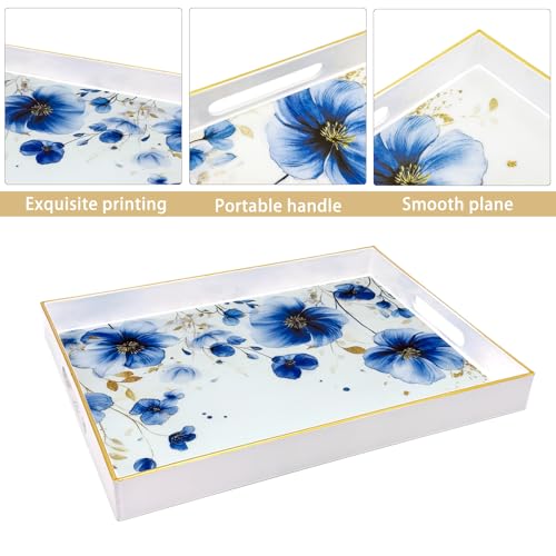 Serving Tray with Handles, 15.7 * 11.8 inches, Plastic Ottoman Tray with Exquisite Paintings, Trays for Coffee Table - color: Charm Blue