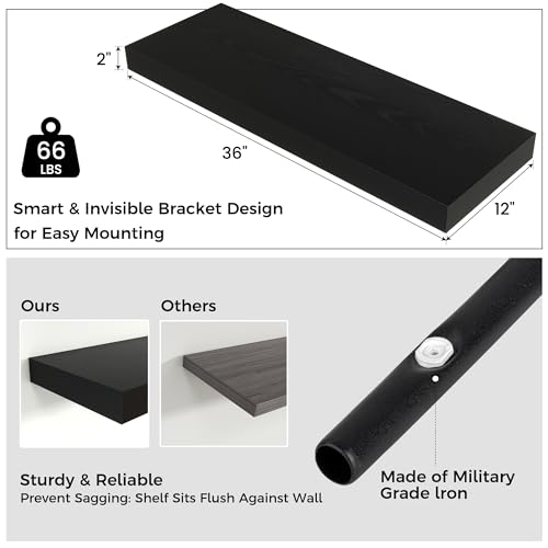 36 Inch Floating Shelves for Wall, 12"D Wood Storage Shelves, Black Finish - color: Black, size: 36 Inch