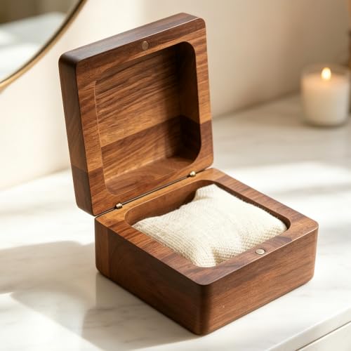 Walnut Color Wood Watch Box, Carved from One Solid Block of Wood, Luxury Wooden Jewelry Box with Magnetic Lid, Keepsake Gift Box for Watch, Jewelry, Rings, Wedding Gift(4.2" x 4.2" x 2.64") - color: Storage Box-DKH-10.7*10.7CM