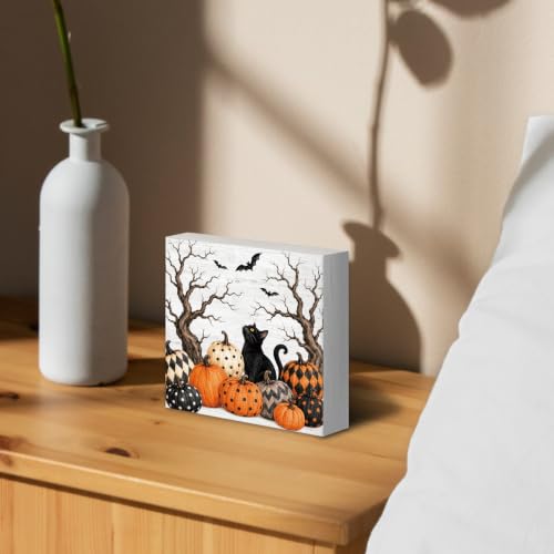 Halloween Black Cat Pumpkin Wood Box Sign Desk Decor 5X5 - color: Pumpkin Cat