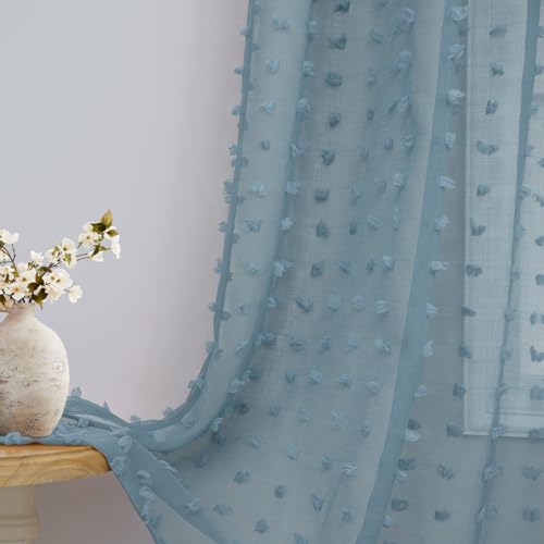DANCURTON Stone Blue Sheer Curtains 63 Inch Length for Boys Bedroom Nursery Boho Farmhouse Light Blue Pom Pom Semi Sheer Kitchen Curtain Summer Beach Themed Ocean Coastal Decor 52x63 Back Tab 2 Panels - color: Stone Blue, size: 52"W x 63"L (Pack of 2)