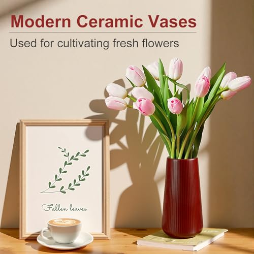 Ceramic Vase, GUKJOB Small Cute Flower Vase for Pampas Grass, Home, Living Room, Dining Table, Farmhouse, Office Decor, Bedroom, Table, and Kitchen Shelf (Red) - color: Small Red - 1pc