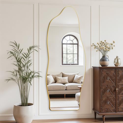 Antok Irregular Full Length Mirror, 68"x26" Asymmetrical Floor Mirror with Stand, Standing Hanging Leaning Irregular Mirrors for Bedroom Living Room Entryway, Cloud Shaped, Golden - color: Gold, size: 68"L x 26"W, style: Cloud Shaped Style