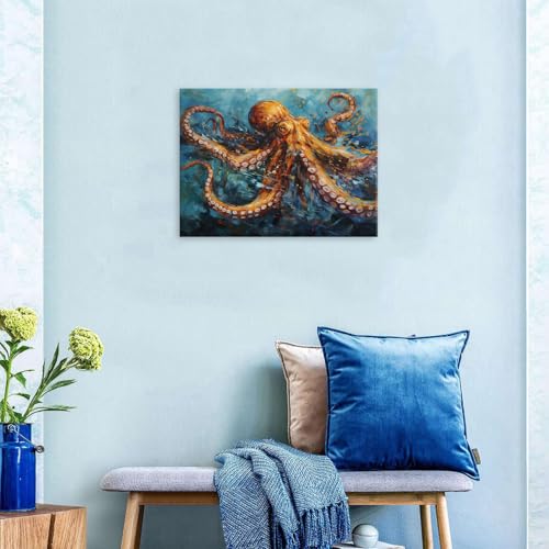 Octopus Bathroom Decor Octopus Wall Art for Coastal Room Decor Ocean Animal Canvas Prints Marine Life Painting Modern Nautical Beach Poster Artwork for Bedroom Living Room Home Decoration 12x16" - color: Octopus, size: 16"L x 12"W