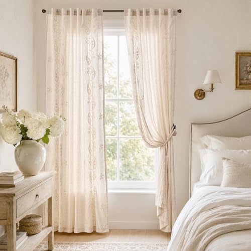 jinchan Linen Curtains 96 Inch Ivory Floral Drapes Back Tab 2 Panels Set - color: Ivory on Beige, size: 50"W x 96"L (Pack of 2)