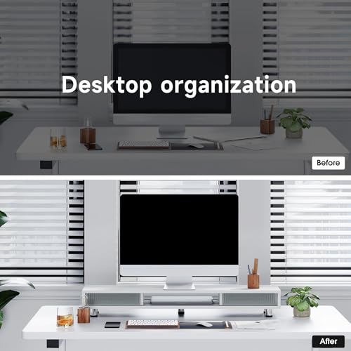 Fenge Dual Monitor Stand with Storage, Desk Shelf with Glass Sliding Door - color: White